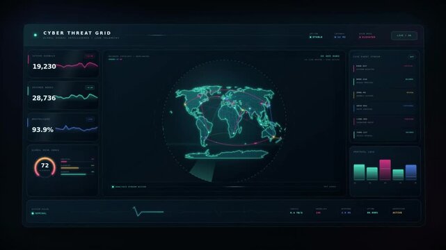 Cyber threat grid dashboard animation with global security map and active attack telemetry