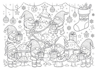 Obraz premium Christmas gnomes with gifts and tree coloring page