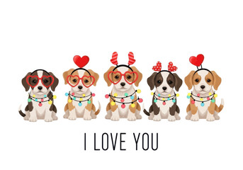 Fototapeta premium Cute beagle puppies with heart glasses and lights