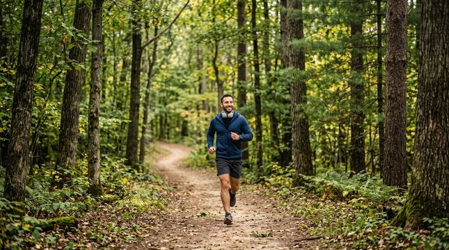 Commercial medium shot lifestyle photography of a smiling, active man in a blue zip-up hoodie jogging on a forest trail with wireless headphones around his neck &ndash; premium sports apparel branding, male