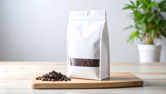 Coffee Beans in White Packaging on Wooden Board