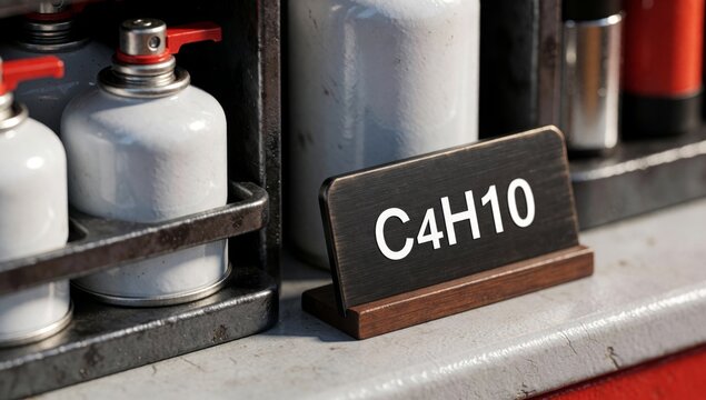 Close-up wooden sign text c4h10 rectangular shape has black background white left side there spray bottles red
