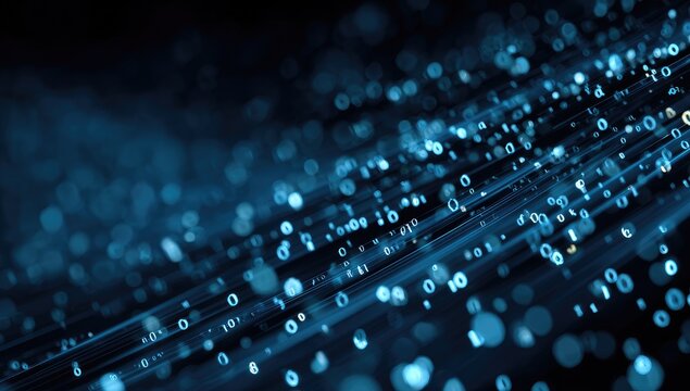 Close-up of glowing blue strands with binary numbers embedded. Abstract technology visualization depicting data flow in dark
