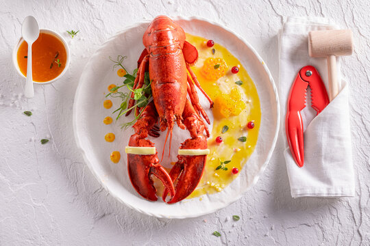 Elegant steamed lobster as food in sophisticated restaurant.