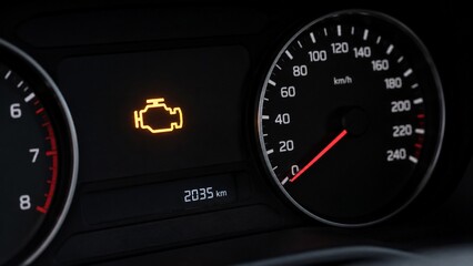 Fototapeta premium close-up of generic automobile instrument cluster with illuminated engine warning symbol