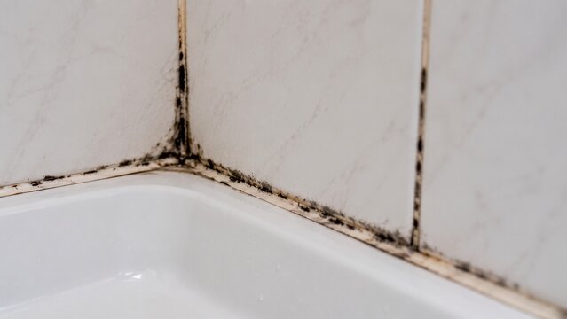 dark mould and mildew developing along bathroom shower grout and silicone sealant