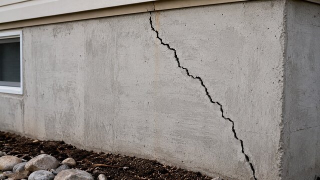 visible diagonal crack running through residential concrete foundation wall, realistic home inspection