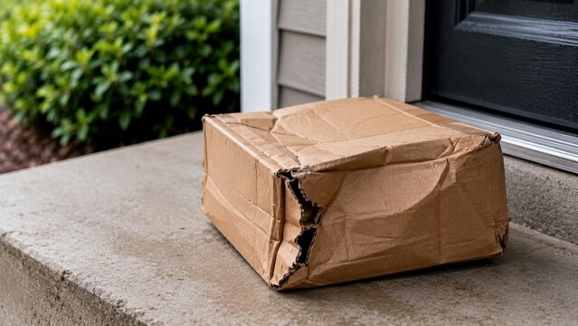 crushed and dented cardboard shipping box left at residential front door, torn corner and damaged packaging clearly visible