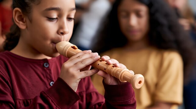 Girl playing recorder instrument in music class. Young student learning to play woodwind flute during school lesson. Artistic education concept for creative child development programs.