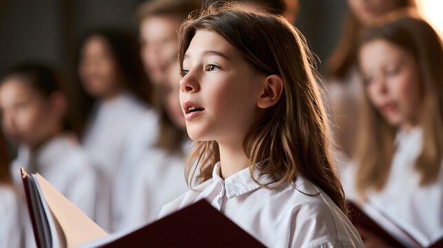 Child singer performing in a school choir. Girl vocalizing during a group music concert on stage. Young student holding a songbook while practicing singing with classmates in harmony.