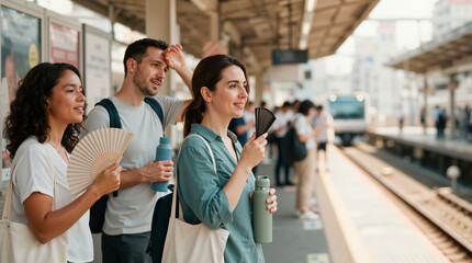 Obraz premium Commuters waiting on train platform during hot summer day. People using handheld fans to cool down while holding reusable water bottles