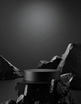 Black Minimalist Circular Product Display Podium on Dark Rocks with Atmospheric Spotlight on Black Background