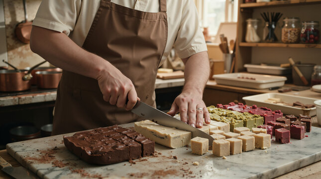 Artisan confectioner cutting fudge cubes on a marble board. Professional pastry chef preparing handmade sweets in a kitchen