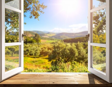 Breathtaking view of rolling green hills and olive groves seen through open white wooden window frames in a bright, sunlit room