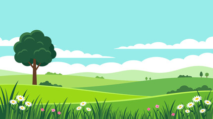 Fototapeta premium Sunny spring landscape with green rolling hills, wildflowers and lone tree under blue sky with clouds