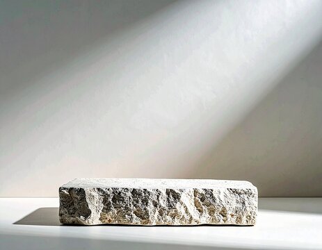 Natural stone podium on a white background with dramatic light and shadow for product display.