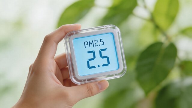 Hand holding PM25 air quality meter