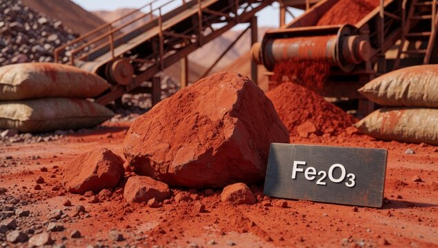 Large pile red powder which appears fe2o3 quarry poured conveyor belt visible background there several bags sa