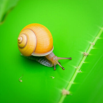 Close-up of small yellow snail with spiral shell crawling on bright green leaf in nature