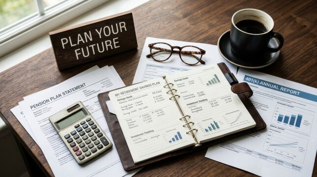 High angle flat lay of retirement savings planner, 401k annual report, pension statement, calculator, and glasses on a wooden desk next to coffee and a sign saying Plan Your Future.