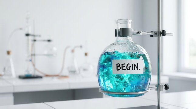 Round-bottom glass flask filled with blue liquid and crystals on a retort stand in a bright modern chemistry laboratory, featuring a white label with the word BEGIN on it.