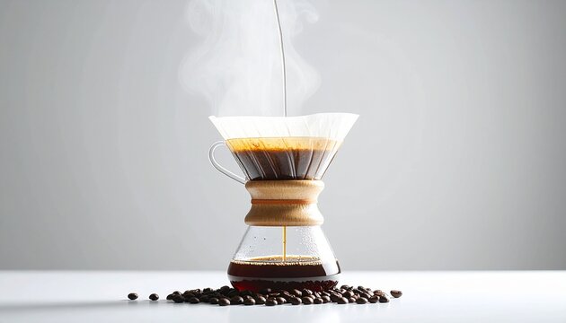 Hot Pour-Over Coffee Brewing with Steam and Beans