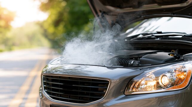 Broken down vehicle on roadside with smoke coming from car hood near highway Generative AI