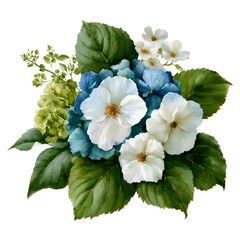 Fototapeta premium Beautiful watercolor illustration of a vibrant floral bouquet featuring blue hydrangeas, white flowers, and lush green foliage on a clean white background