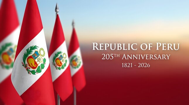 Republic of Peru 205th Anniversary 1821-2026 banner with Peruvian flags and clear sky