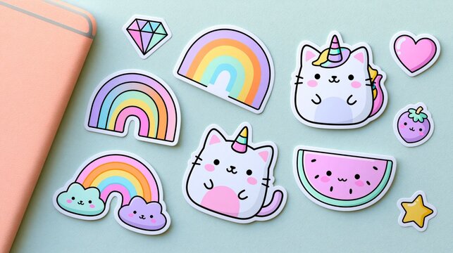 Cute cartoon caticorn stickers set with rainbow pastel designs and playful shapes on a soft background Generative AI
