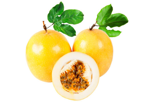 Two fresh yellow passion fruit with one sliced half showing juicy pulp and seeds, arranged with green leaves and isolated on a white background