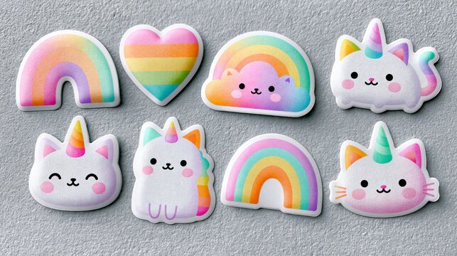 Cute cartoon caticorn sticker set with rainbow pastel designs for creative projects and fun activities Generative AI