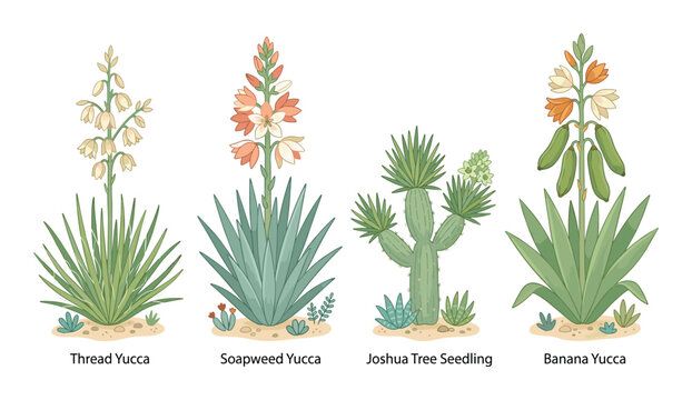 Botanical illustration of yucca varieties and Joshua tree seedling