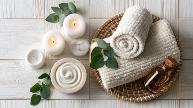 Beautiful spa treatment composition such as Towels, candles, essential oils, Massage Stones on light wooden background. blur living room, natural creams and moisturizing Healthy lifestyle, body care