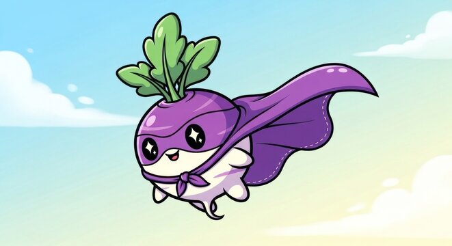 Cartoon Turnip Superhero Flying in Sky.