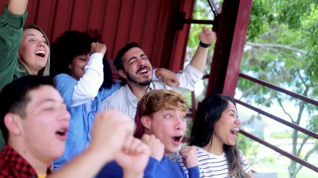 Latin sport fans celebrating with crowd team with stadium background - People cheering soccer championship games at world event competition