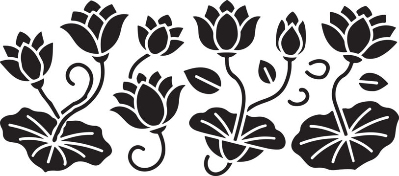 Black silhouette of lotus flowers and leaves on transparent background, elegant water lily plant motifs, serene botanical art.