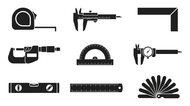 Engineering and Measurement Tools Glyph Icons Set. Precision Instruments Collection for Construction, Workshop, and Manufacturing Industries.