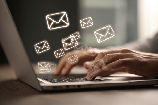 Close-up of hands typing on a laptop, with glowing email icons floating above, signifying electronic communication
