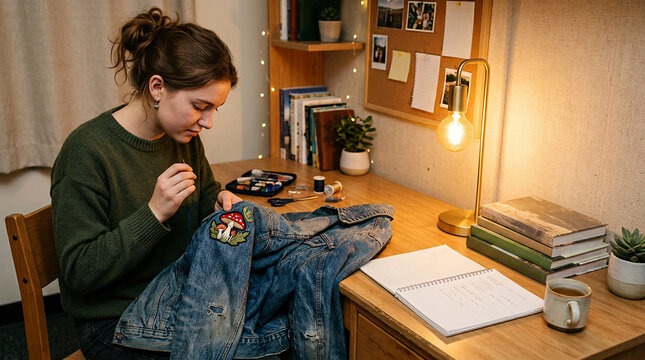 Young female student mending her denim jacket with a patch in her sustainable dorm room, practicing eco friendly fashion upcycling