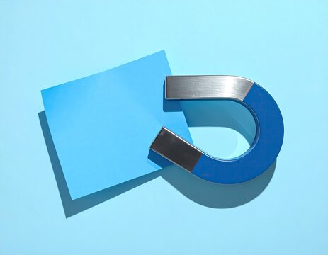 Blue Horseshoe Magnet Attracting a Light Blue Square Paper.