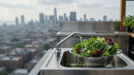 Fototapeta premium Urban kitchen rooftop garden city skyline fresh vegetable salad leaf stainless steel sink running water nder healthy food organic produce urban kitchen rooftop Urban micro farming concept
