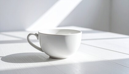 Fototapeta premium Minimalist White Ceramic Mug on Wooden Table with Sunlight Shadows