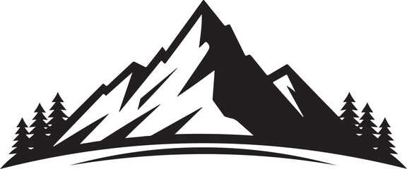 Naklejka premium Mountain peaks silhouette with pine trees, outdoor adventure symbol, wilderness travel and camping activity icon.