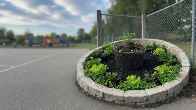 Urban garden school playground vegetable plant round planter stone border metal pot community garden green lettuce outdoor education chainlink fence urban garden round Urban micro farming concept
