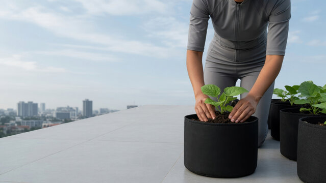 Urban gardening rooftop garden potted plant woman sustainable living cityscape modern agriculture hands growth person tending potted plant rooftop garden with Urban micro farming concept