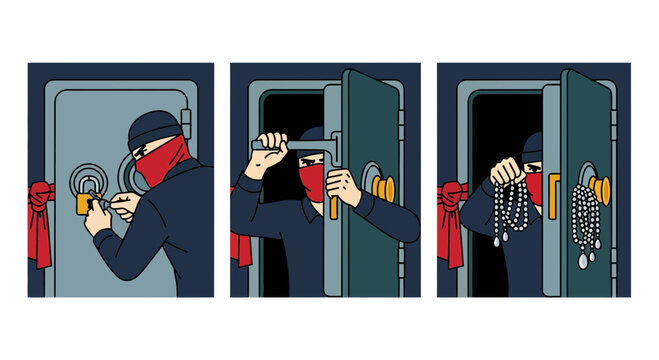 Burglar Breaking Into a Bank Safe to Steal Jewelry Illustration
