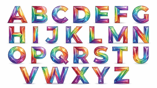 Crystal prisms form a vibrant 3D vector alphabet under bright light.