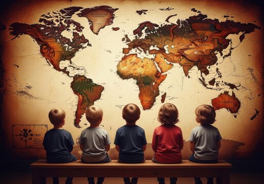 Children sitting on a bench looking at a world map