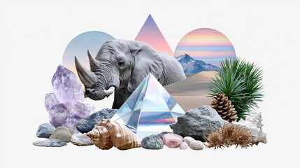 Surreal collage of animals and objects set on a transparent background showcasing various elements of nature and geometry Generative AI